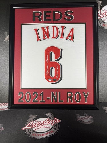Jonathan India Signed Framed White Custom Jersey w/ 2021 NL ROY PSA COA-Powers Sports Memorabilia