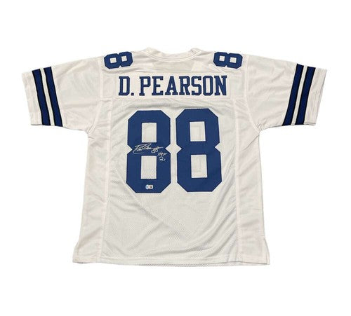 Drew Pearson Signed Cowboys White Custom Jersey w/ HOF 21 Beckett Wit BAS COA-Powers Sports Memorabilia