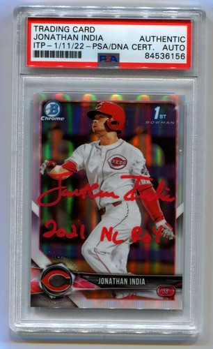 Jonathan India 2018 Bowman Chrome 1st Refractor RC 2021 NL ROY Signed Auto PSA-Powers Sports Memorabilia