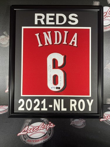 Jonathan India Signed Framed Custom Red Jersey w/ 2021 NL ROY Reds PSA ITP COA-Powers Sports Memorabilia
