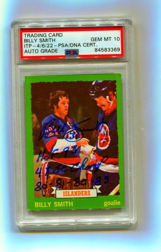 Billy Smith 1973-74 Topps #162 Signed Rookie RC 3 Insc. PSA 10 Auto NY Islanders-Powers Sports Memorabilia