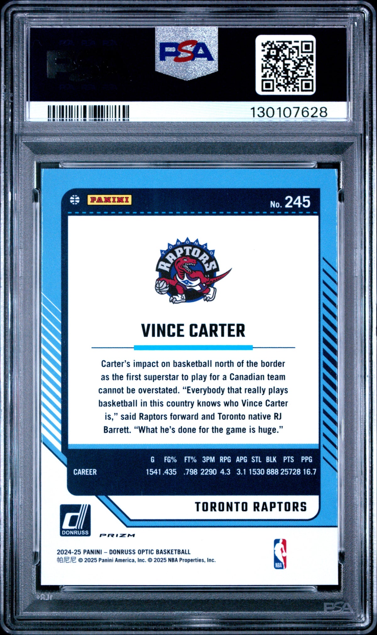 Vince Carter 2024 Donruss Optic Purple Basketball Card #245 Graded PSA 9 Cert #130107628-Powers Sports Memorabilia