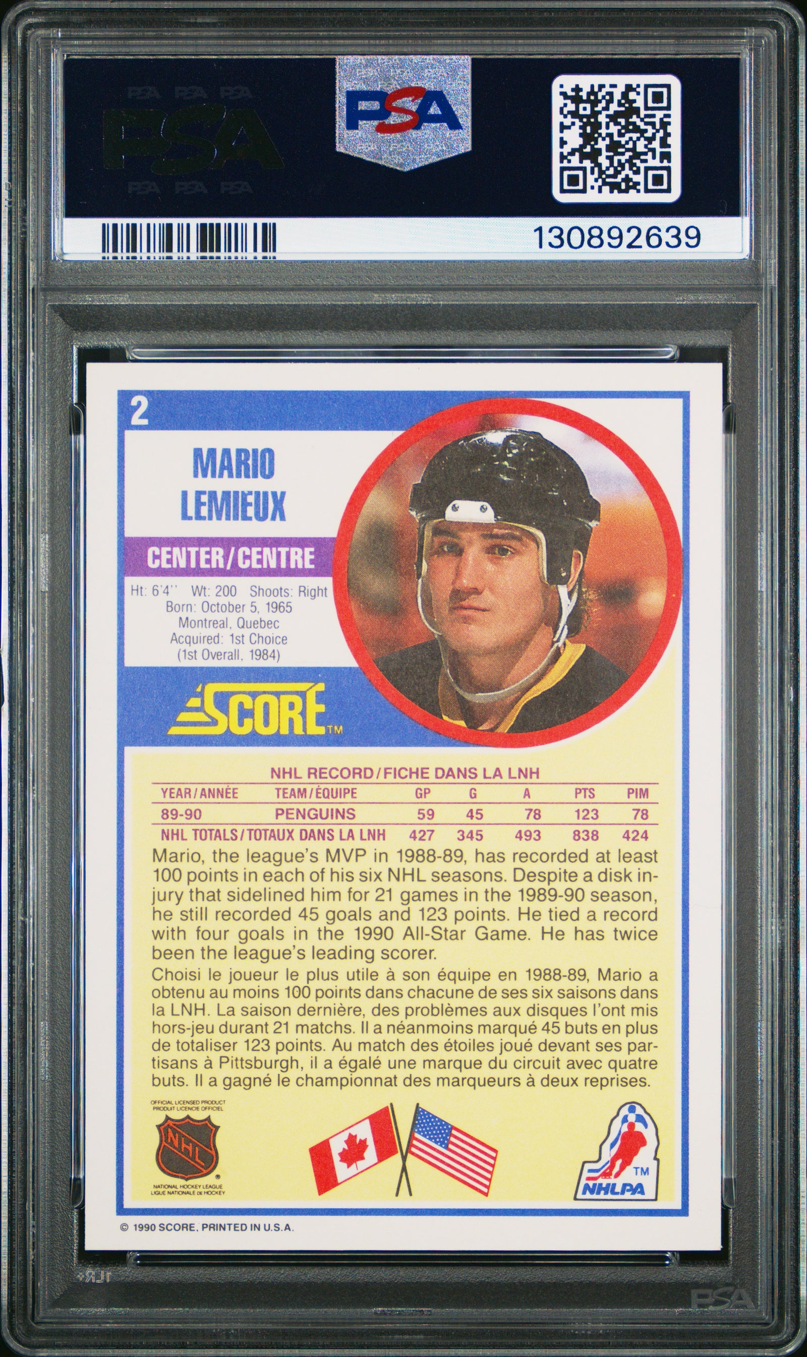 Mario Lemieux 1990 Score Canadian Hockey Card #2 Graded PSA 10 Cert #130892639-Powers Sports Memorabilia