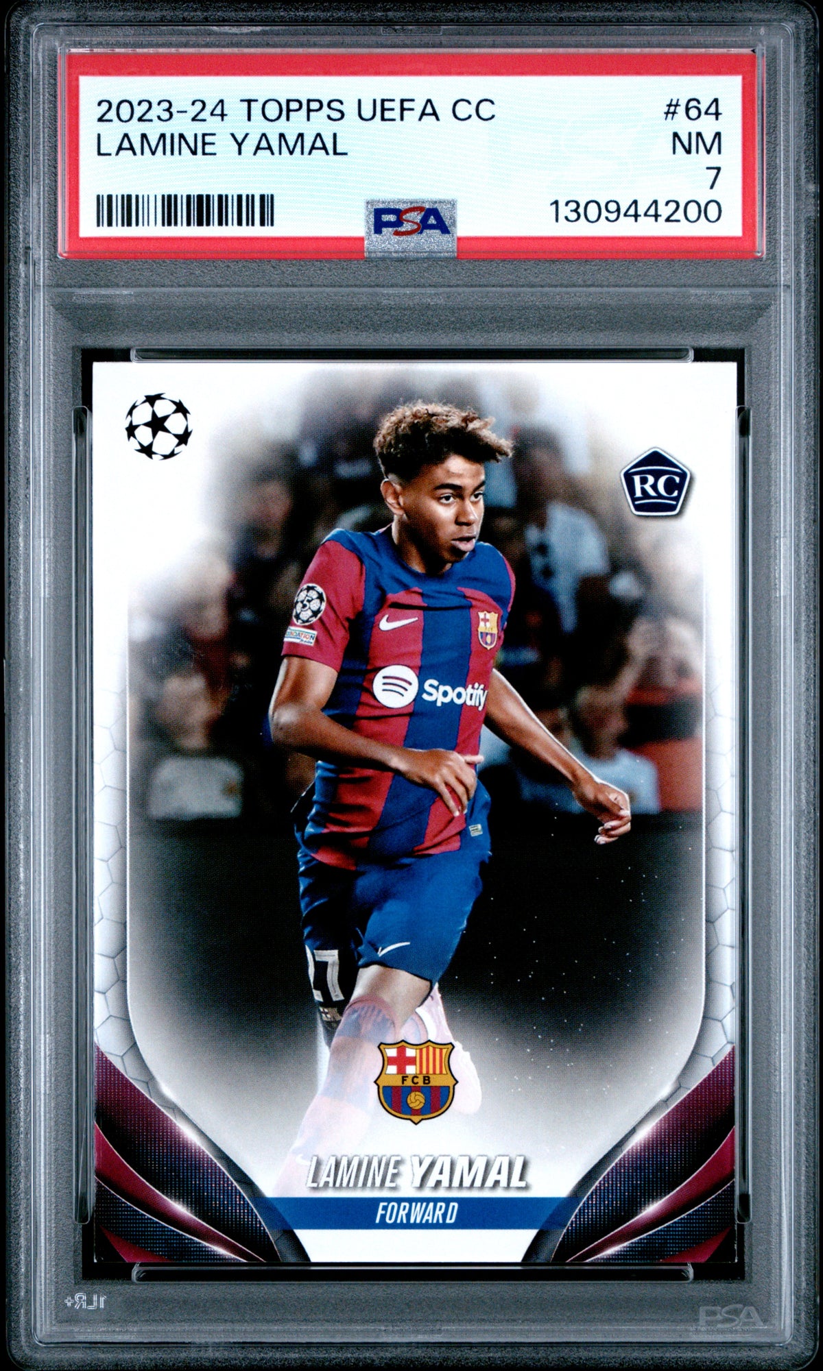 Lamine Yamal 2023-24 Topps UEFA Champions League Rookie RC FC Barcelona Soccer Card #64 Graded PSA 7 Cert #130944200-Powers Sports Memorabilia