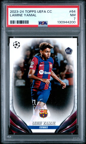 Lamine Yamal 2023-24 Topps UEFA Champions League Rookie RC FC Barcelona Soccer Card #64 Graded PSA 7 Cert #130944200-Powers Sports Memorabilia