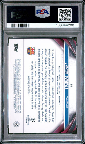 Lamine Yamal 2023-24 Topps UEFA Champions League Rookie RC FC Barcelona Soccer Card #64 Graded PSA 7 Cert #130944200-Powers Sports Memorabilia