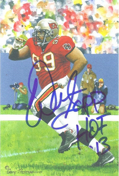 Warren Sapp Tampa Bay Buccaneers Signed Golf Ball - Tampa Bay Bucaneers Goal Line Art in blue w/HOF 13-Powers Sports Memorabilia