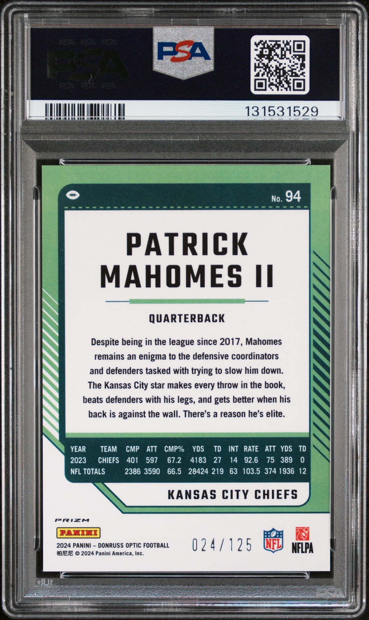 Patrick Mahomes II 2024 Donruss Optic Red Kansas City Chiefs Football Card #94 Serial 24/125 Graded PSA 10 Cert #131531529-Powers Sports Memorabilia