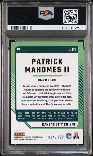 Patrick Mahomes II 2024 Donruss Optic Red Kansas City Chiefs Football Card #94 Serial 24/125 Graded PSA 10 Cert #131531529-Powers Sports Memorabilia