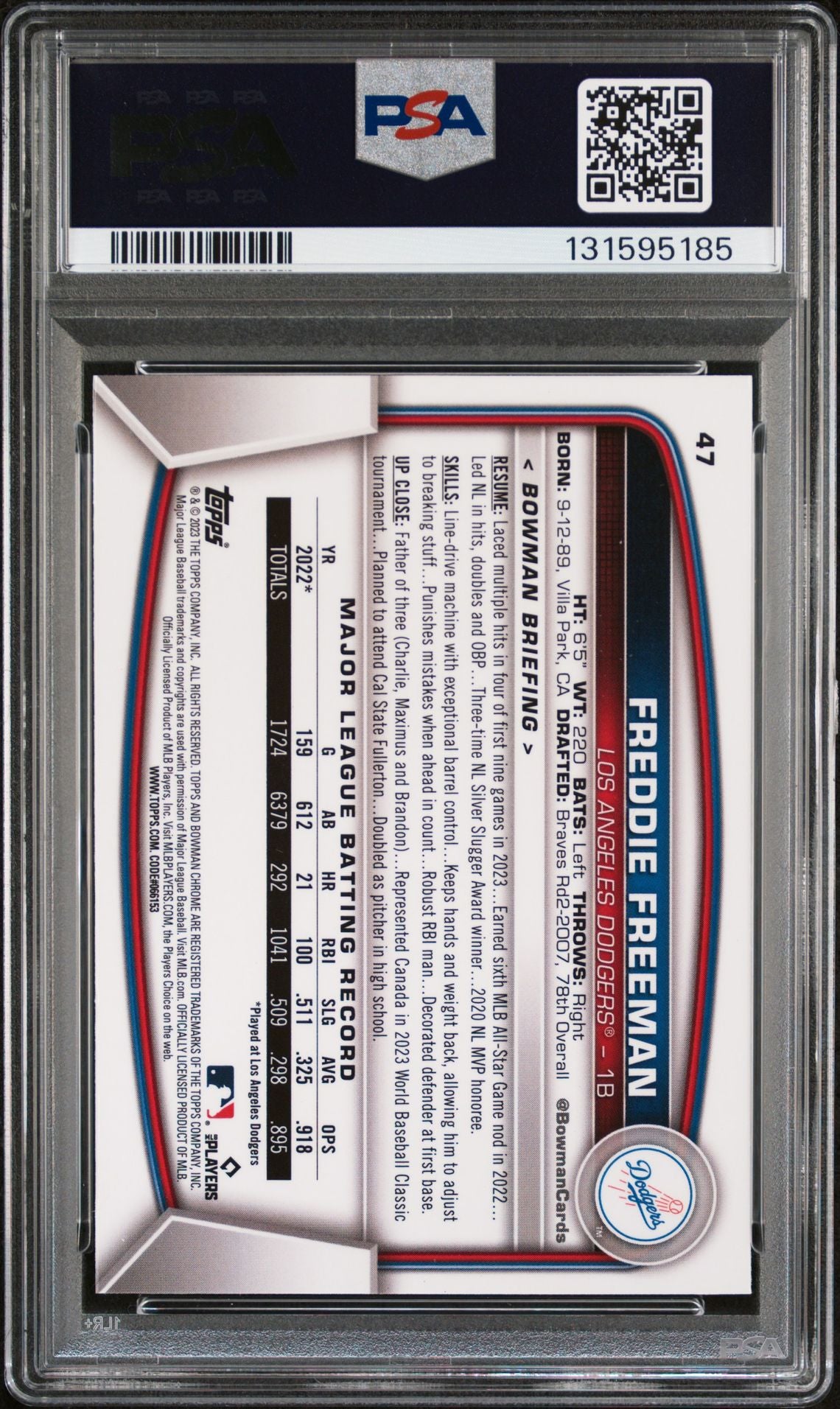 Freddie Freeman 2023 Bowman Chrome S/E Baseball Card #47 Graded PSA 8 Cert #131595185-Powers Sports Memorabilia