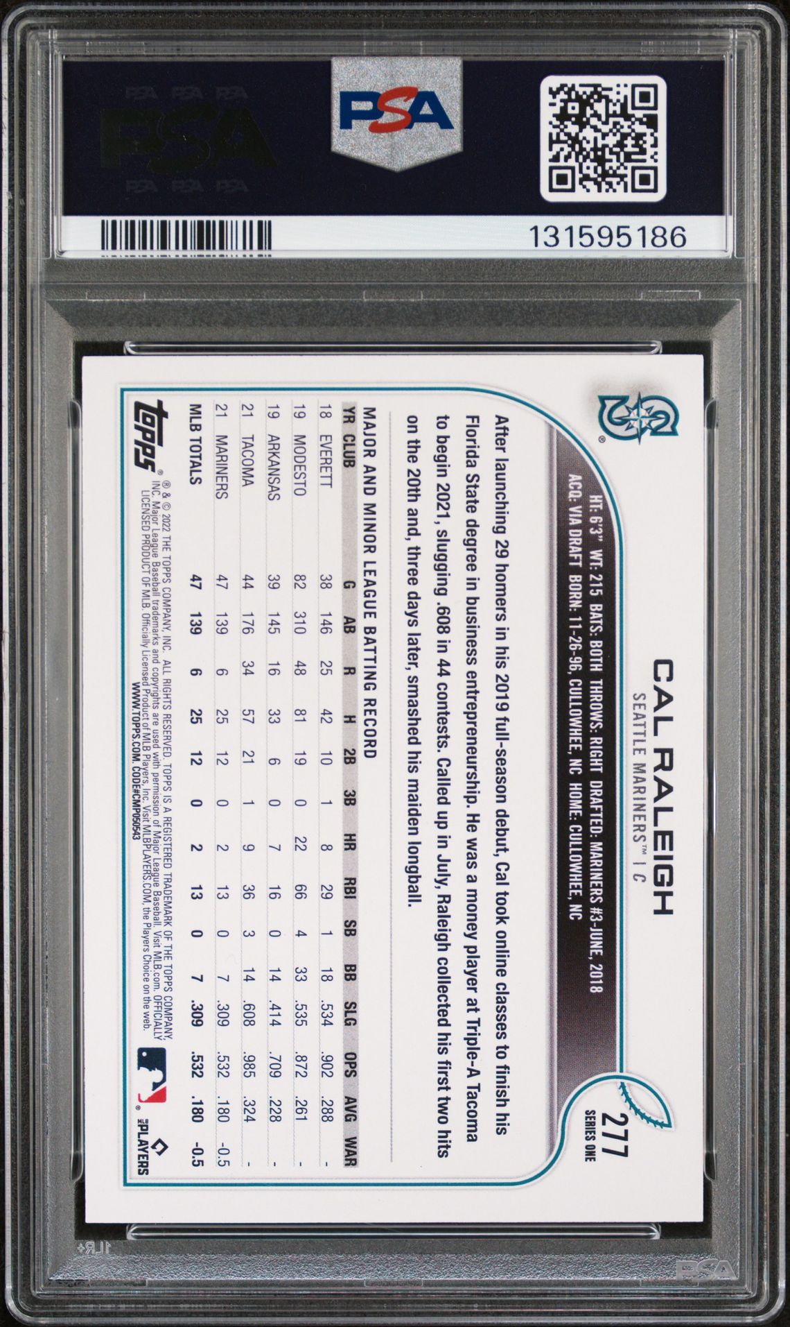 Cal Raleigh 2022 Topps Rookie Baseball Rookie Card #277 Graded PSA 9 Cert #131595186-Powers Sports Memorabilia