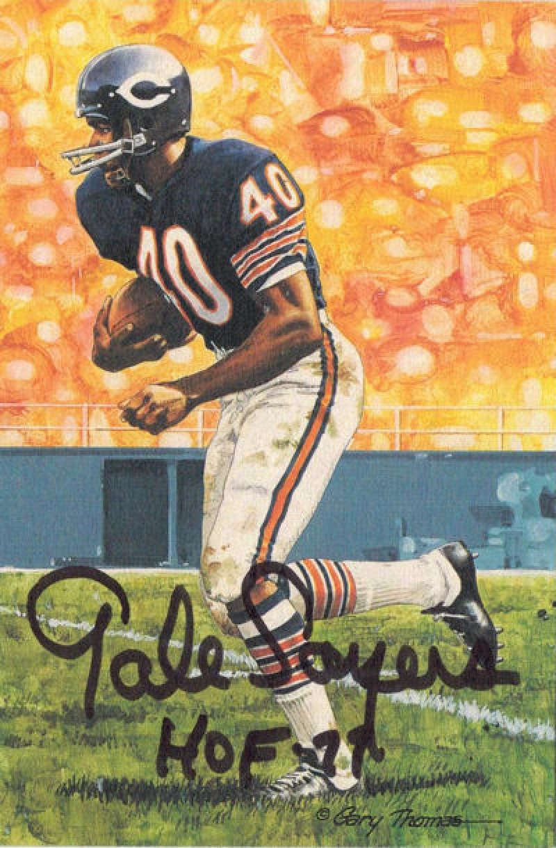 Gale Sayers Signed Chicago Bears Goal Line Art Card in black w/HOF 77-Powers Sports Memorabilia