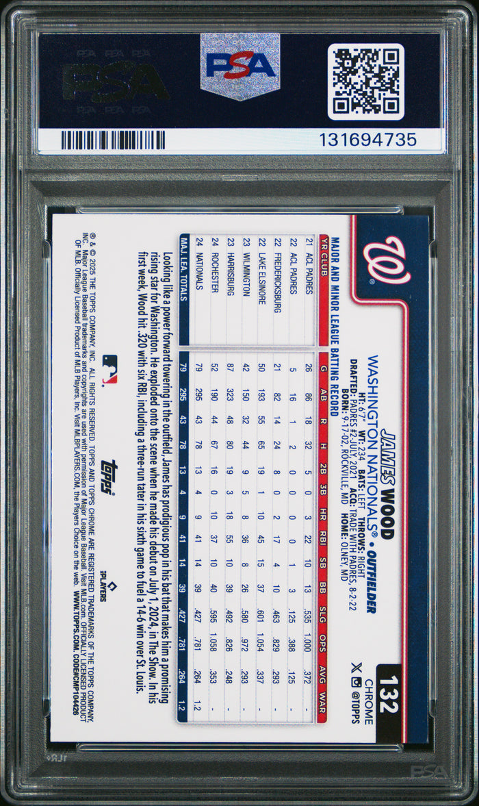 James Wood 2025 Topps Chrome RC Rookie Card #132 PSA 10-Powers Sports Memorabilia