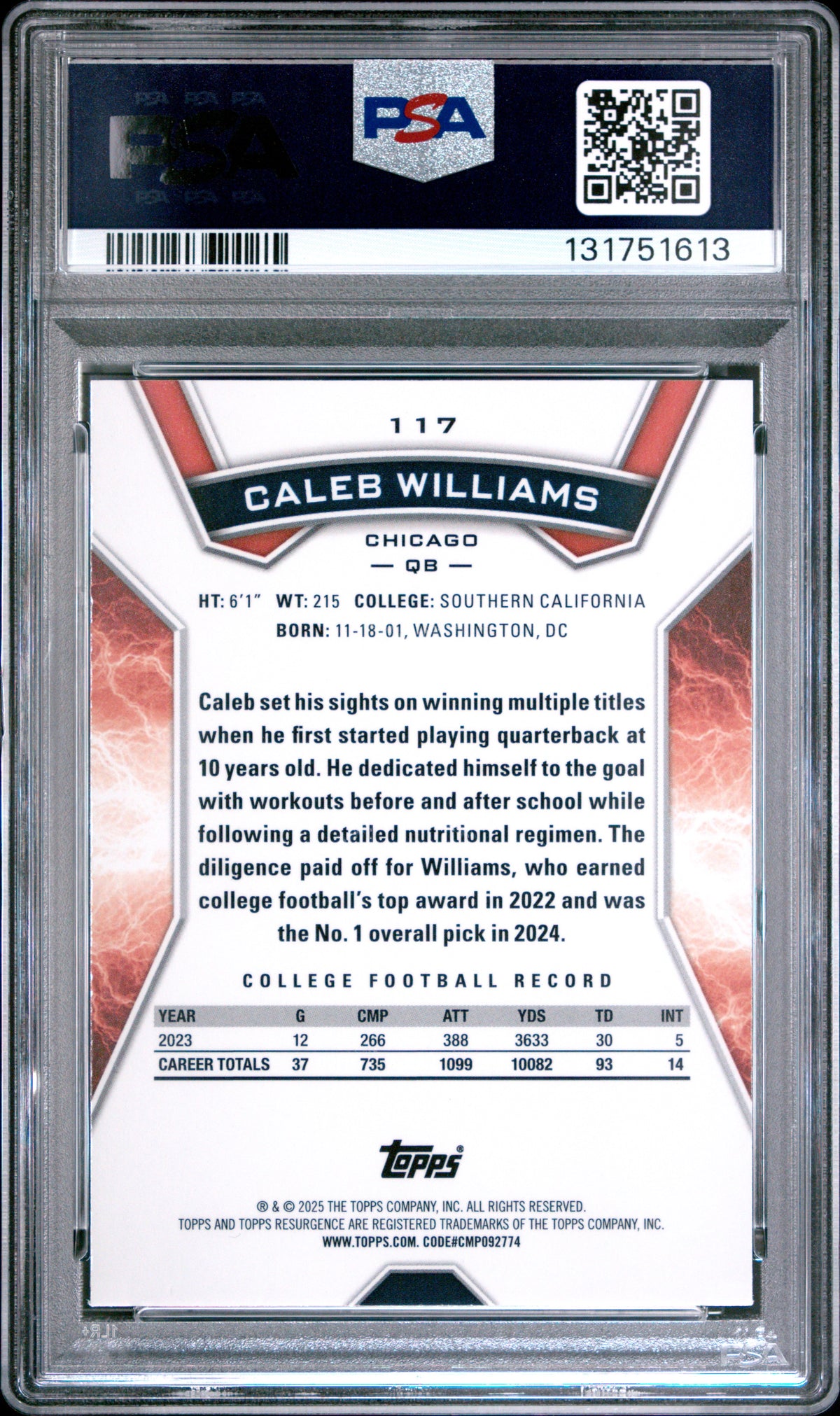 Caleb Williams 2024 Topps Resurgence Blue and Orange Spark Rookie Football Card #117 Graded PSA 10 Cert #131751613-Powers Sports Memorabilia