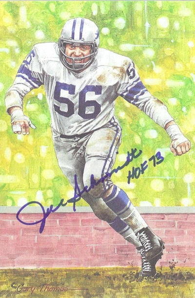 Joe Schmidt Signed Detroit Lions Goal Line Art Card in Blue-Powers Sports Memorabilia