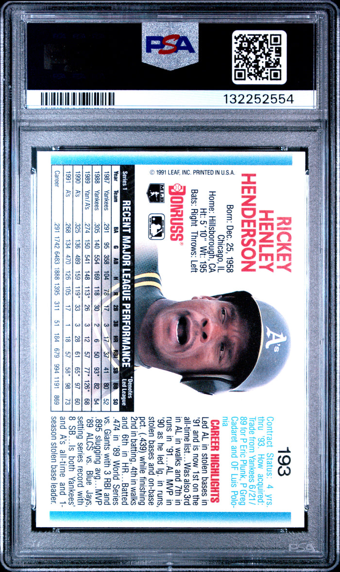 Rickey Henderson 1992 Donruss Athletics Card #193 PSA 10