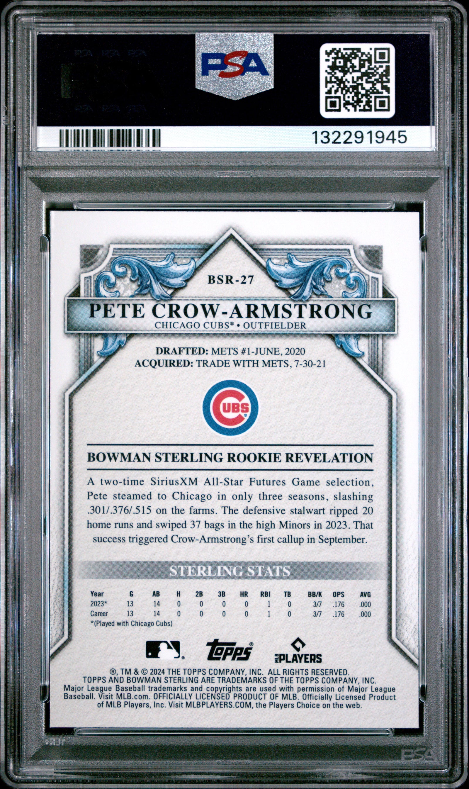 Pete Crow-Armstrong 2024 Bowman Sterling Rookie Card #BSR27 PSA 8-Powers Sports Memorabilia