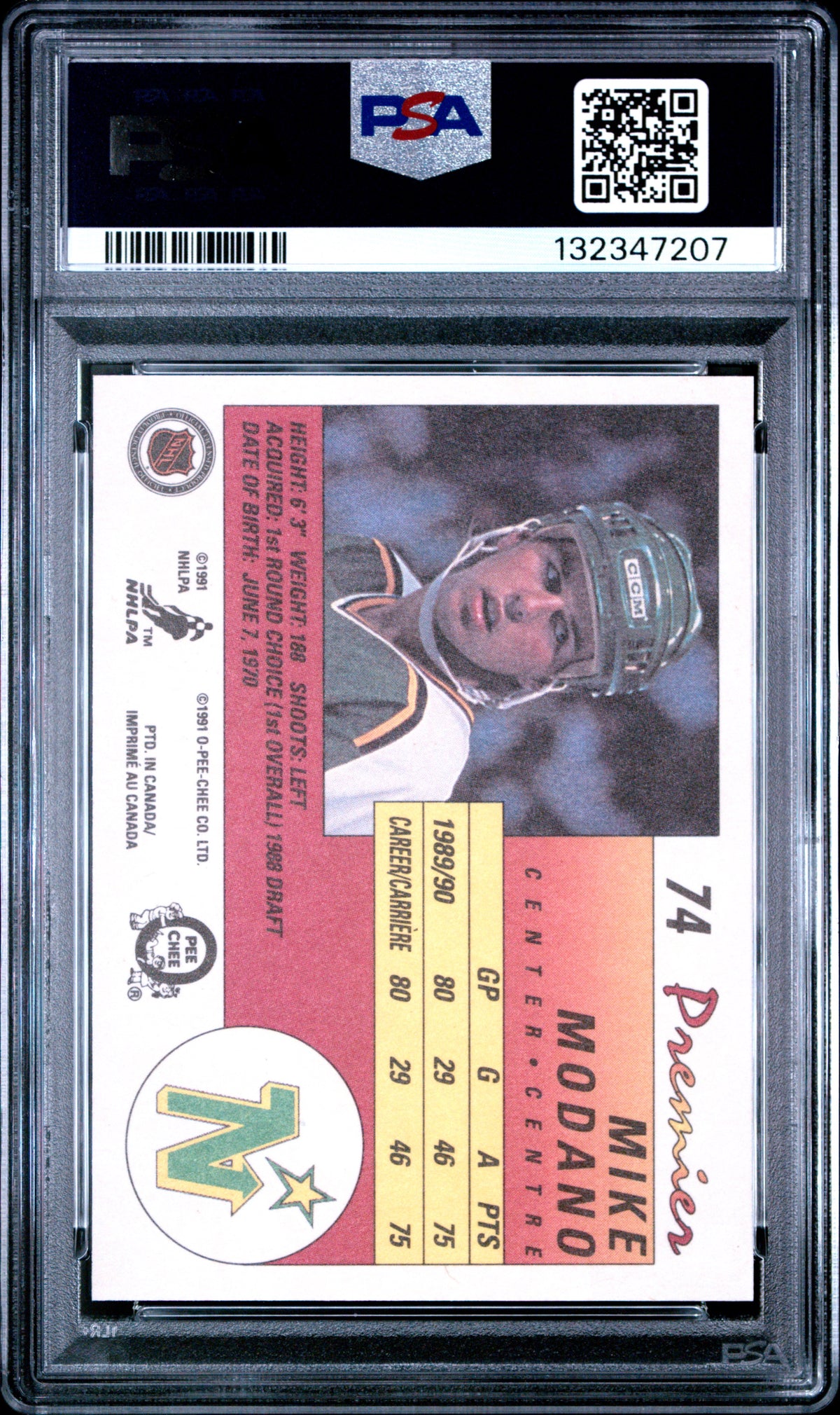 Mike Modano 1990 O-Pee-Chee Premier Minnesota North Stars Hockey Rookie Card RC #74 Graded PSA 10 Cert #132347207-Powers Sports Memorabilia