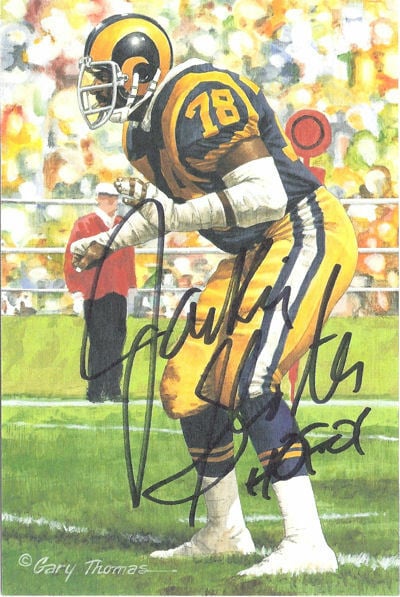 Jackie Slater Signed Los Angeles Rams Goal Line Art Card in black w/HOF 01-Powers Sports Memorabilia