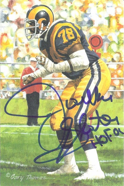 Jackie Slater Signed Los Angeles Rams Goal Line Art Card in blue w/HOF 01-Powers Sports Memorabilia