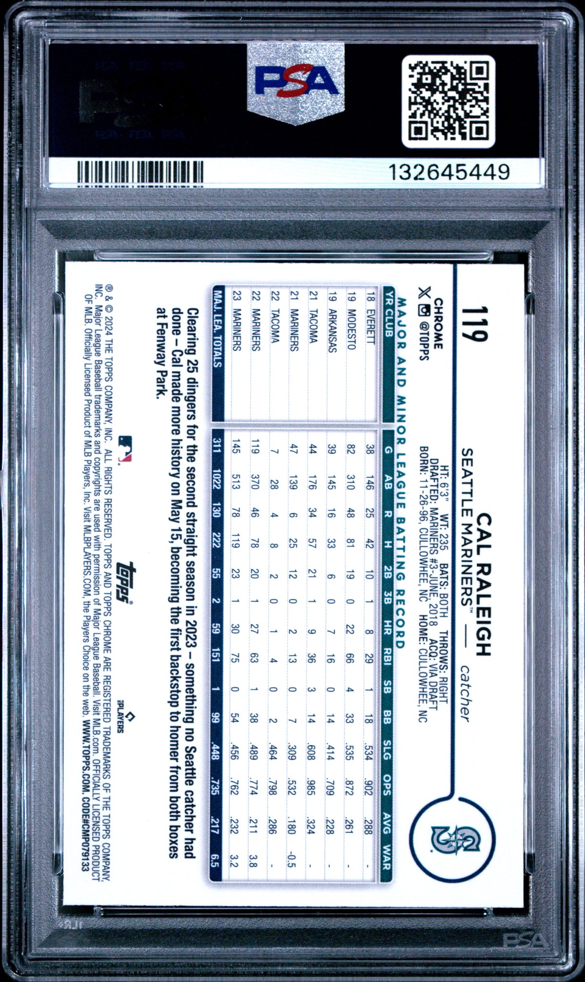 Cal Raleigh 2024 Topps Chrome Logofractor Edition Baseball Card #119 Graded PSA 10 Cert #132645449-Powers Sports Memorabilia