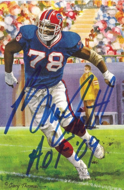 Bruce Smith Signed Buffalo Bills Goal Line Art Card blue w/HOF 09-Powers Sports Memorabilia