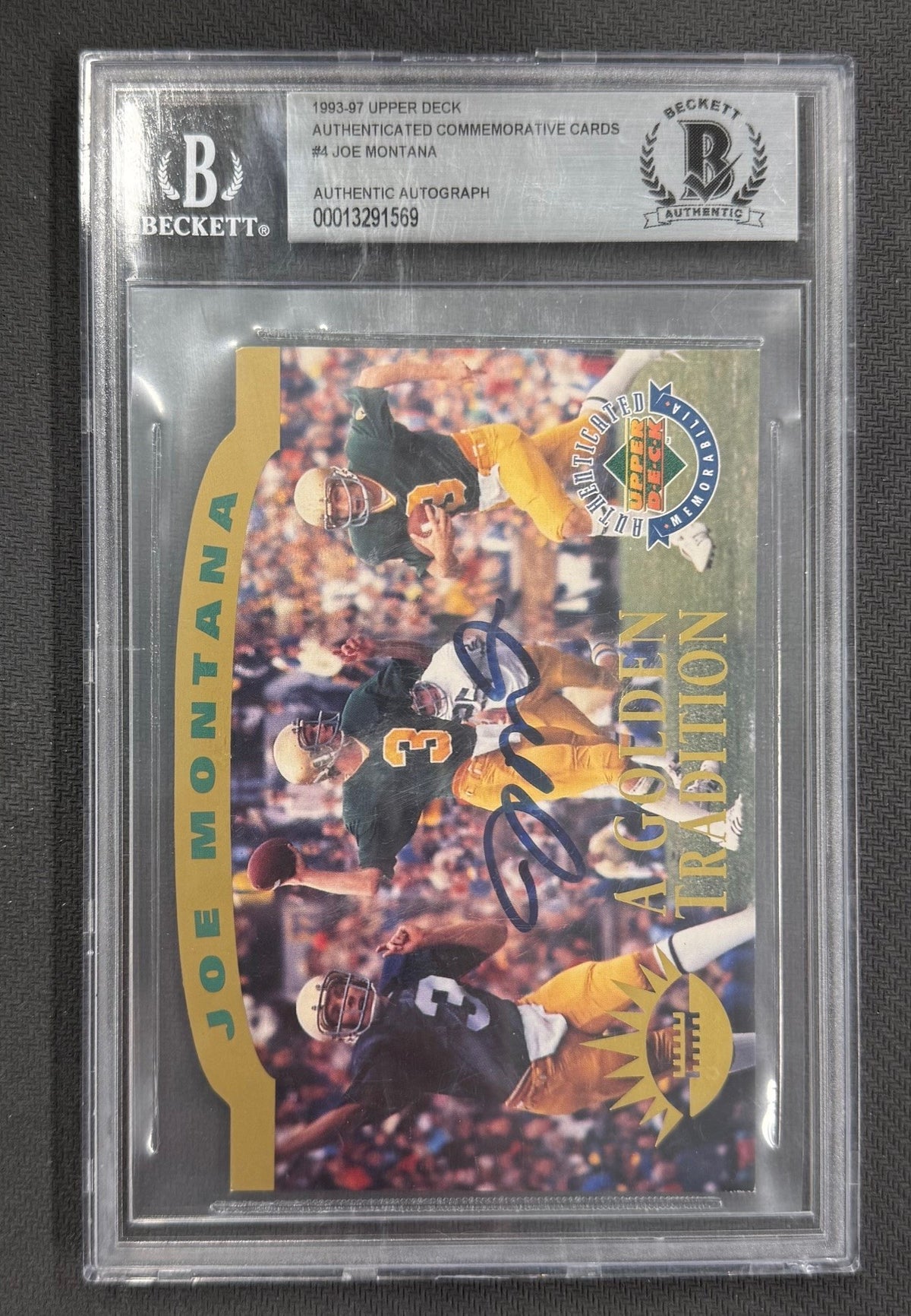 Joe Montana 1993 Upper Deck Authenticated Commemorative Signed Football Card #4 Beckett Authenticated Auto Cert #00013291569-Powers Sports Memorabilia