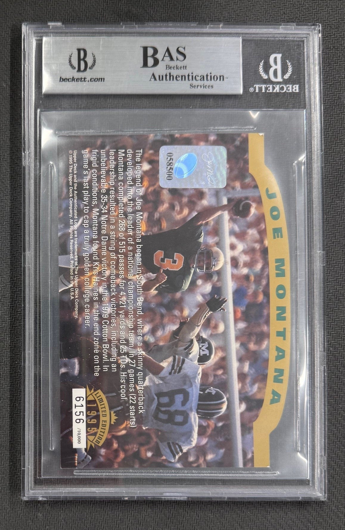 Joe Montana 1993 Upper Deck Authenticated Commemorative Signed Football Card #4 Beckett Authenticated Auto Cert #00013291569-Powers Sports Memorabilia