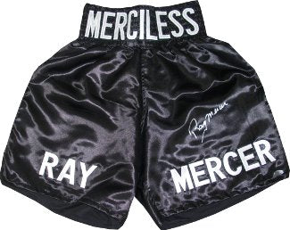 Ray Mercer Autographed Black Satin Boxing Trunks w/ Merciless (1988 Seoul Olympic Gold)-Powers Sports Memorabilia