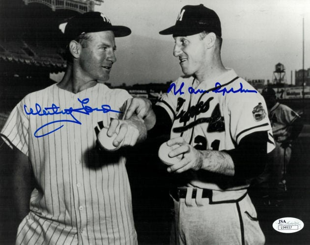 Whitey Ford & Warren Spahn Atlanta Braves, New York Yankees Signed 8x10 Photo JSA-Powers Sports Memorabilia