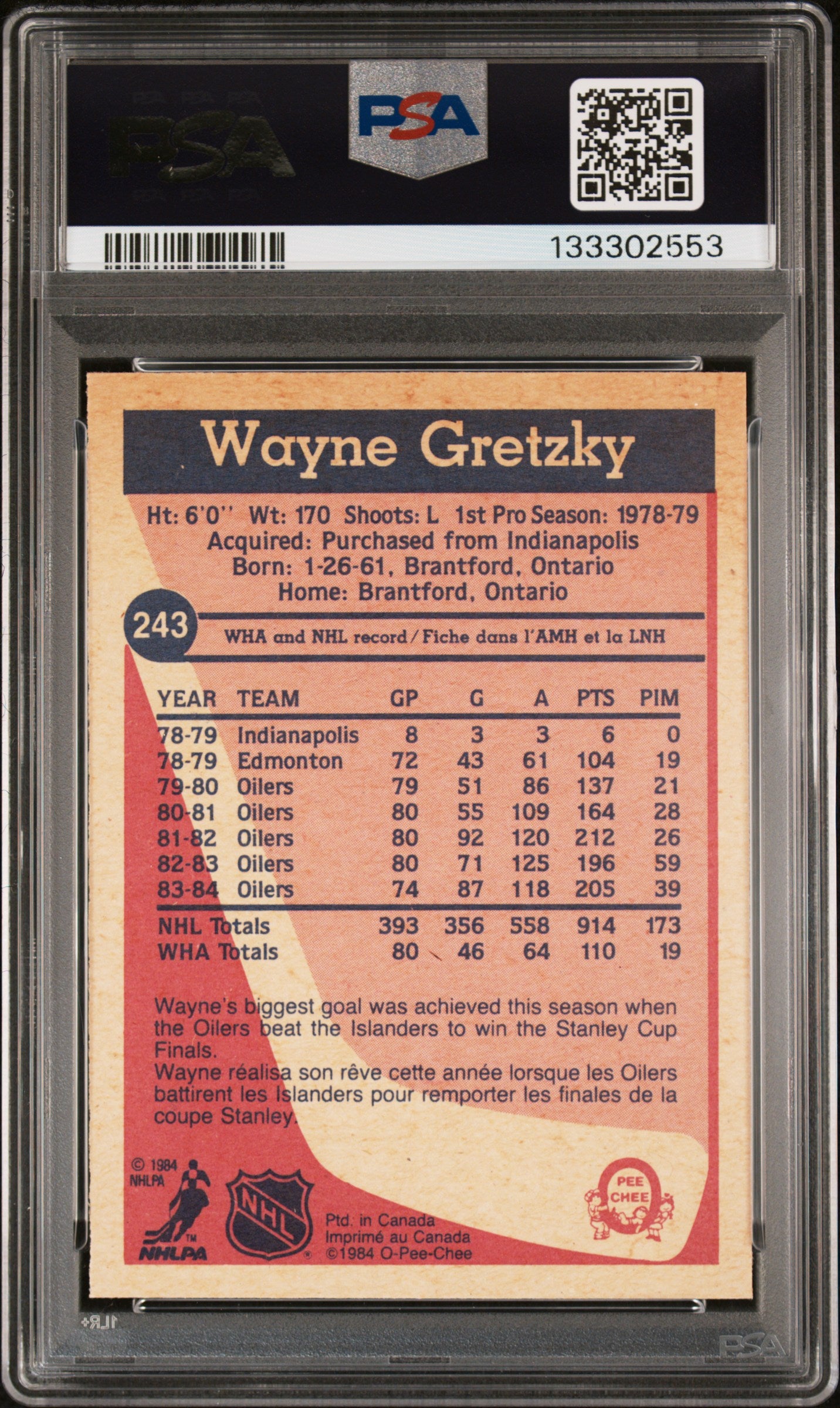 Wayne Gretzky 1984 O-Pee-Chee Edmonton Oilers Hockey Card #243 Graded PSA 8 Cert #133302553