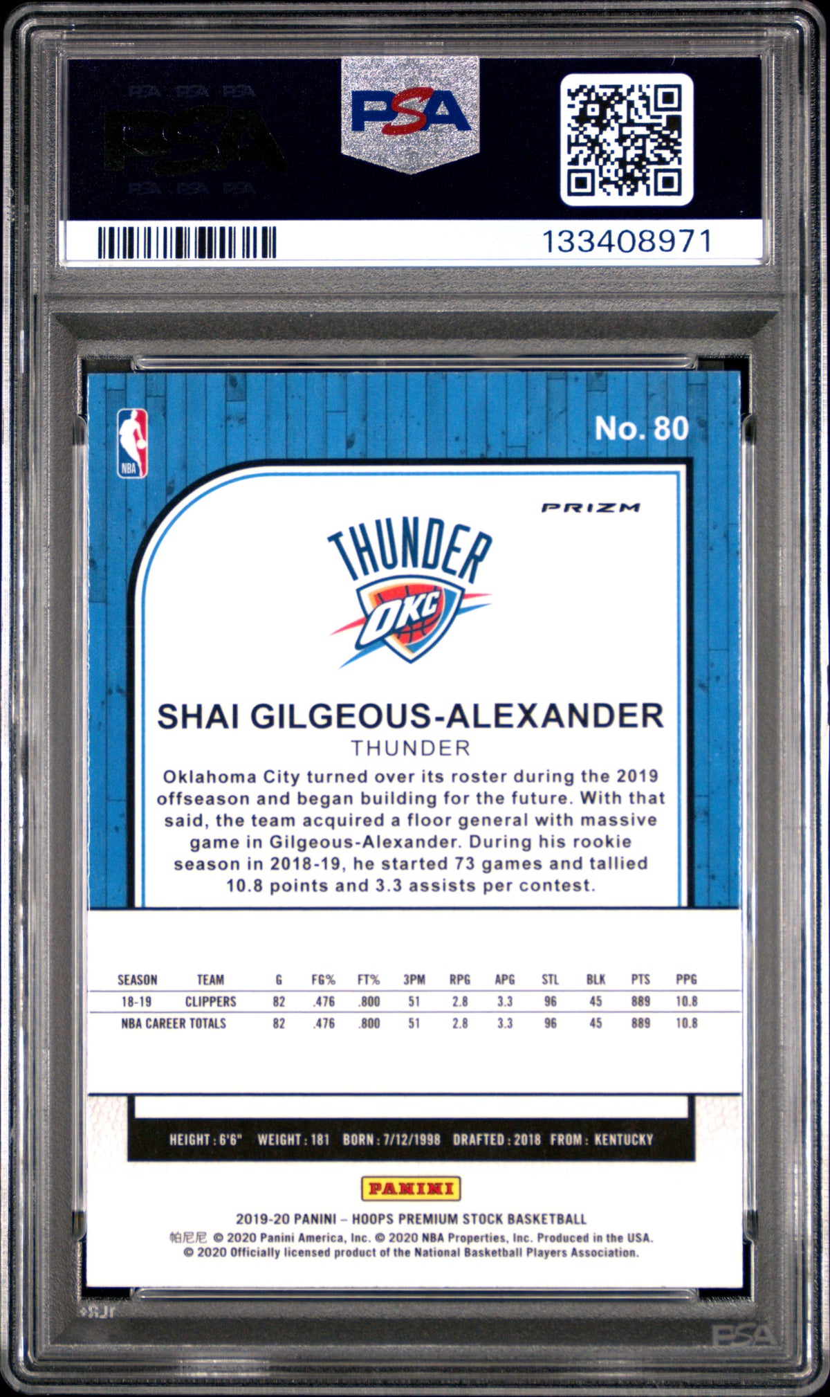 Shai Gilgeous-Alexander 2019 Hoops Premium Stock Silver Prizm Basketball Card #80 Graded PSA 10 Cert #133408971-Powers Sports Memorabilia