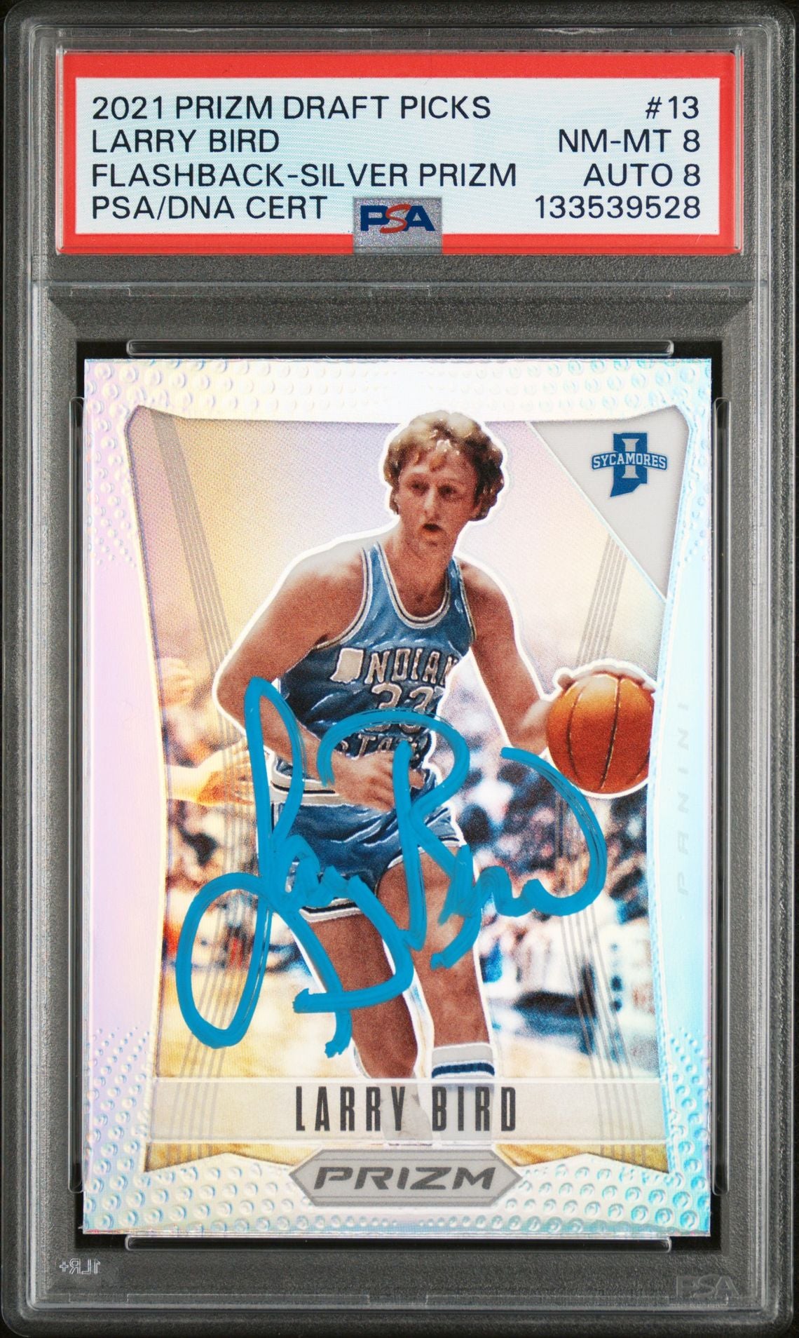 Larry Bird 2021 Panini Prizm Draft Picks Flashback Silver Prizm Signed Basketball Card #13 Graded PSA 8 Auto 8 Cert #133539528-Powers Sports Memorabilia