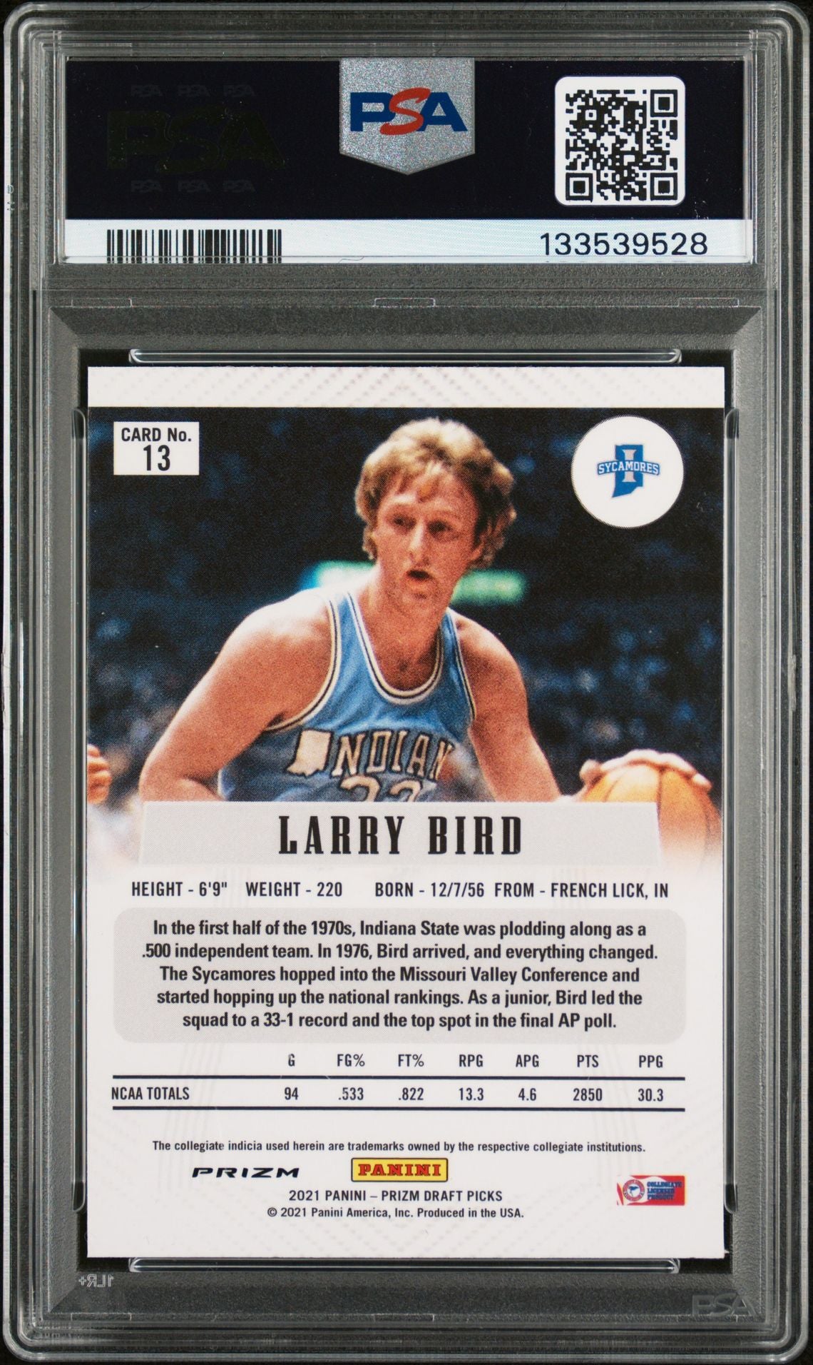 Larry Bird 2021 Panini Prizm Draft Picks Flashback Silver Prizm Signed Basketball Card #13 Graded PSA 8 Auto 8 Cert #133539528-Powers Sports Memorabilia