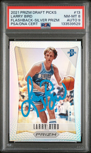 Larry Bird 2021 Panini Prizm Draft Picks Flashback Silver Prizm Signed Basketball Card #13 Graded PSA 8 Auto 9 Cert #133539529-Powers Sports Memorabilia