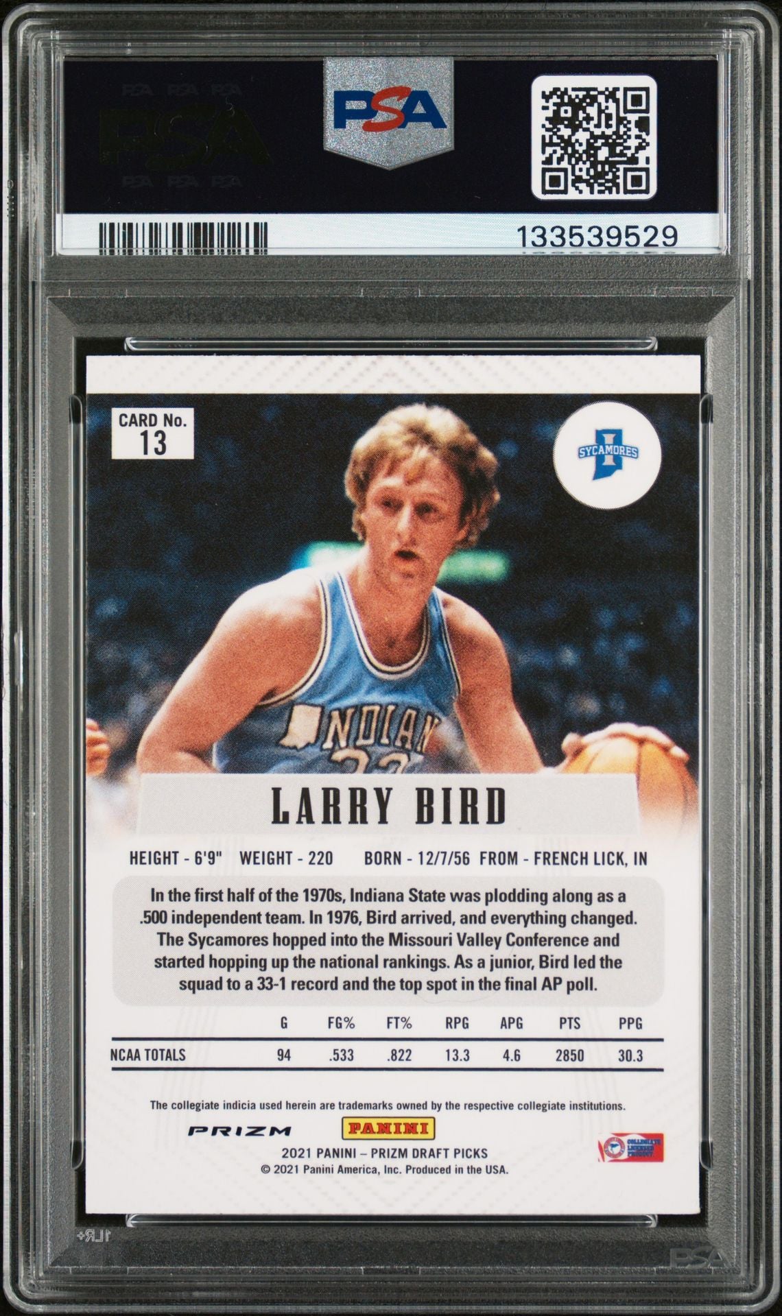 Larry Bird 2021 Panini Prizm Draft Picks Flashback Silver Prizm Signed Basketball Card #13 Graded PSA 8 Auto 9 Cert #133539529-Powers Sports Memorabilia