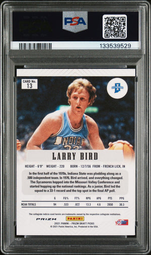 Larry Bird 2021 Panini Prizm Draft Picks Flashback Silver Prizm Signed Basketball Card #13 Graded PSA 8 Auto 9 Cert #133539529-Powers Sports Memorabilia