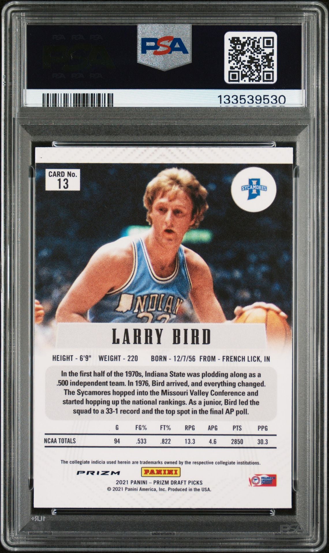 Larry Bird 2021 Panini Prizm Draft Picks Flashback Silver Prizm Signed Basketball Card #13 Graded PSA 9 Auto 9 Cert #133539530-Powers Sports Memorabilia