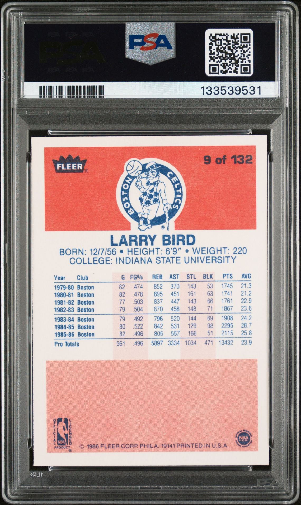 Larry Bird 1986 Fleer Signed Basketball Card #9 Graded PSA 7 Auto 10 Cert #133539531-Powers Sports Memorabilia