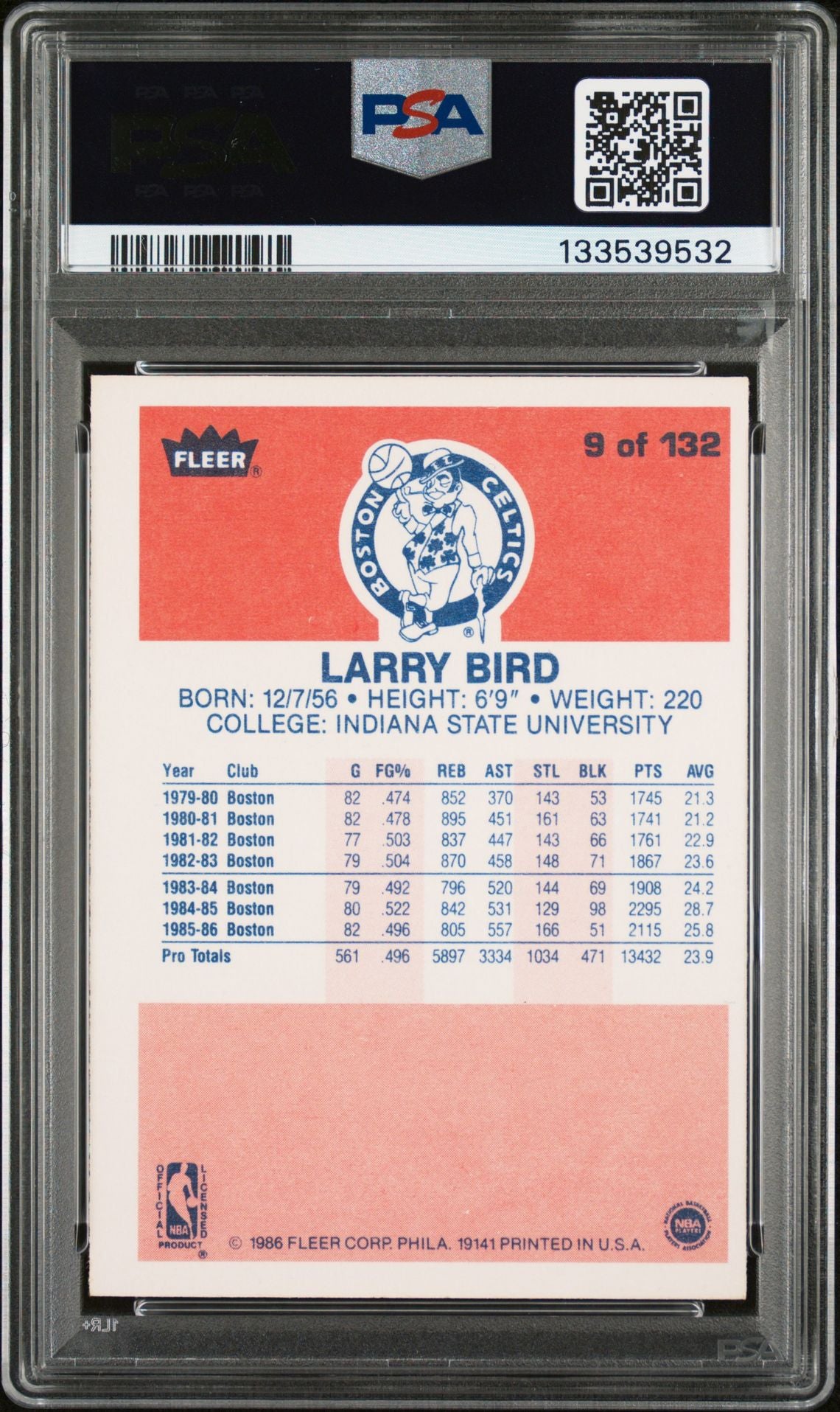Larry Bird 1986 Fleer Signed Basketball Card #9 Graded PSA 6 Auto 10 Cert #133539532-Powers Sports Memorabilia