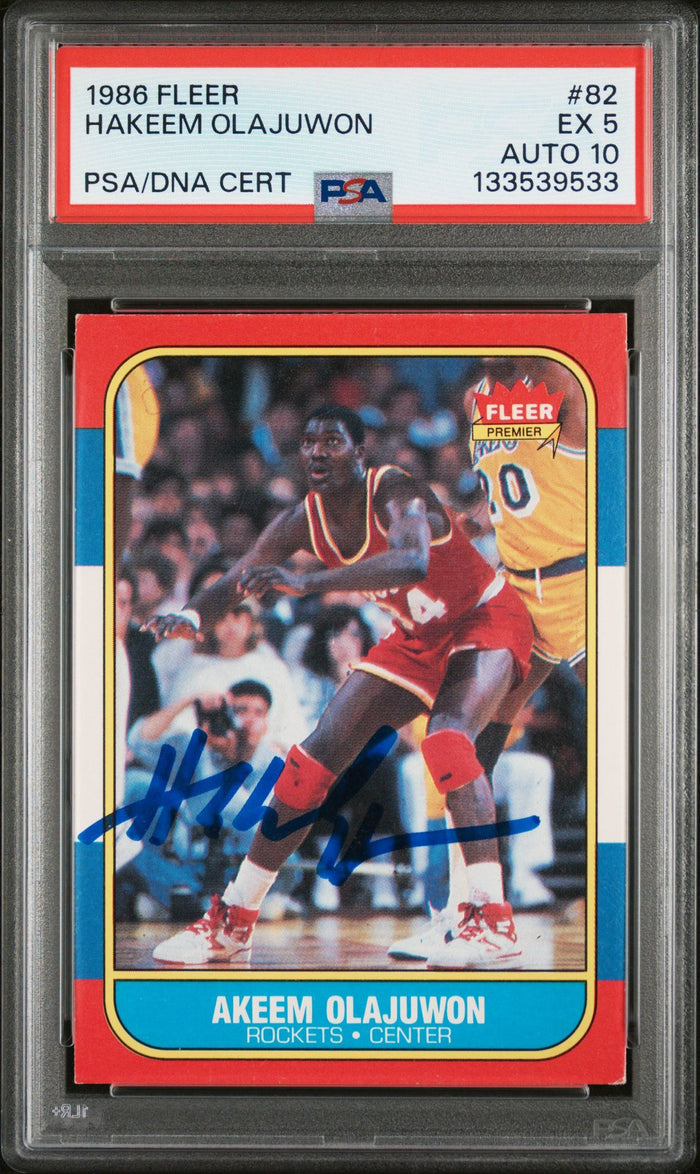 Hakeem Olajuwon 1986 Fleer Signed Basketball Rookie Card #82 Graded PSA 5 Auto 10 Cert #133539533-Powers Sports Memorabilia