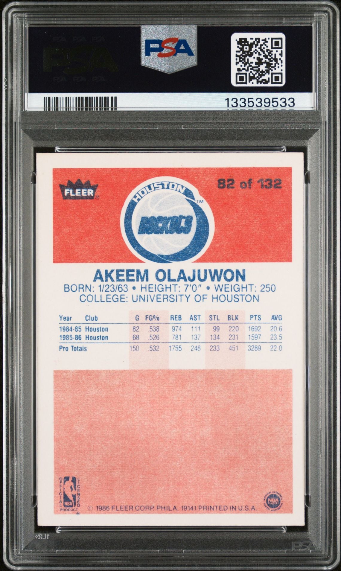 Hakeem Olajuwon 1986 Fleer Signed Basketball Rookie Card #82 Graded PSA 5 Auto 10 Cert #133539533-Powers Sports Memorabilia