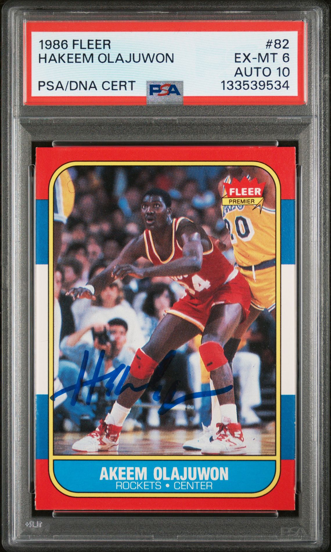 Hakeem Olajuwon 1986 Fleer Signed Basketball Rookie Card #82 Graded PSA 6 Auto 10 Cert #133539534-Powers Sports Memorabilia