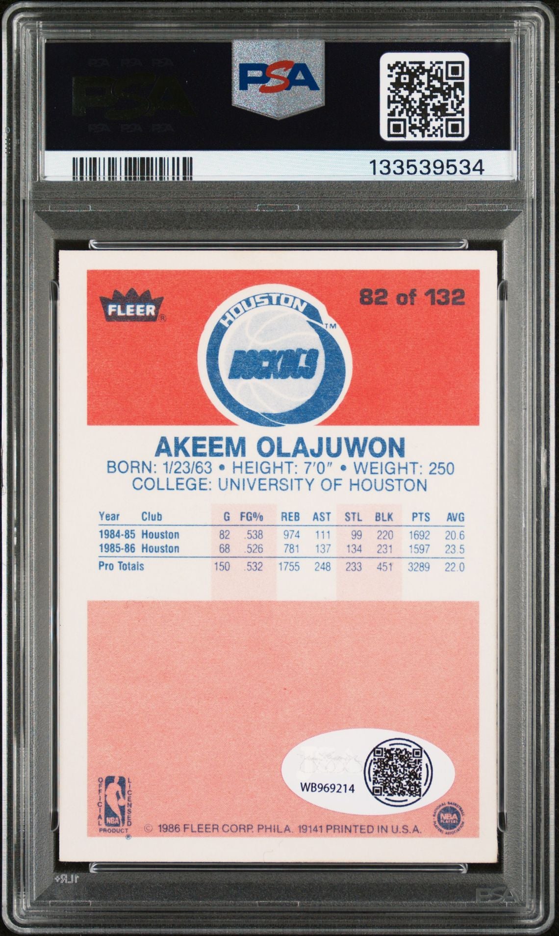 Hakeem Olajuwon 1986 Fleer Signed Basketball Rookie Card #82 Graded PSA 6 Auto 10 Cert #133539534-Powers Sports Memorabilia