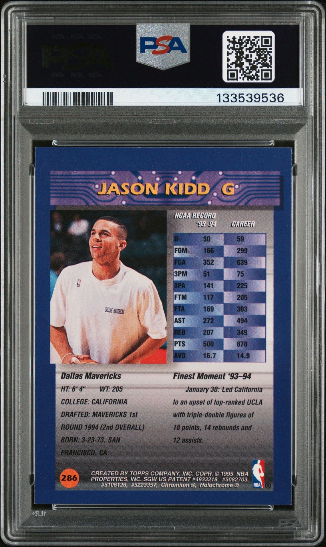 Jason Kidd 1994 Topps Finest Signed Basketball Rookie Card #286 Graded PSA 8 Auto 10 Cert #133539536-Powers Sports Memorabilia