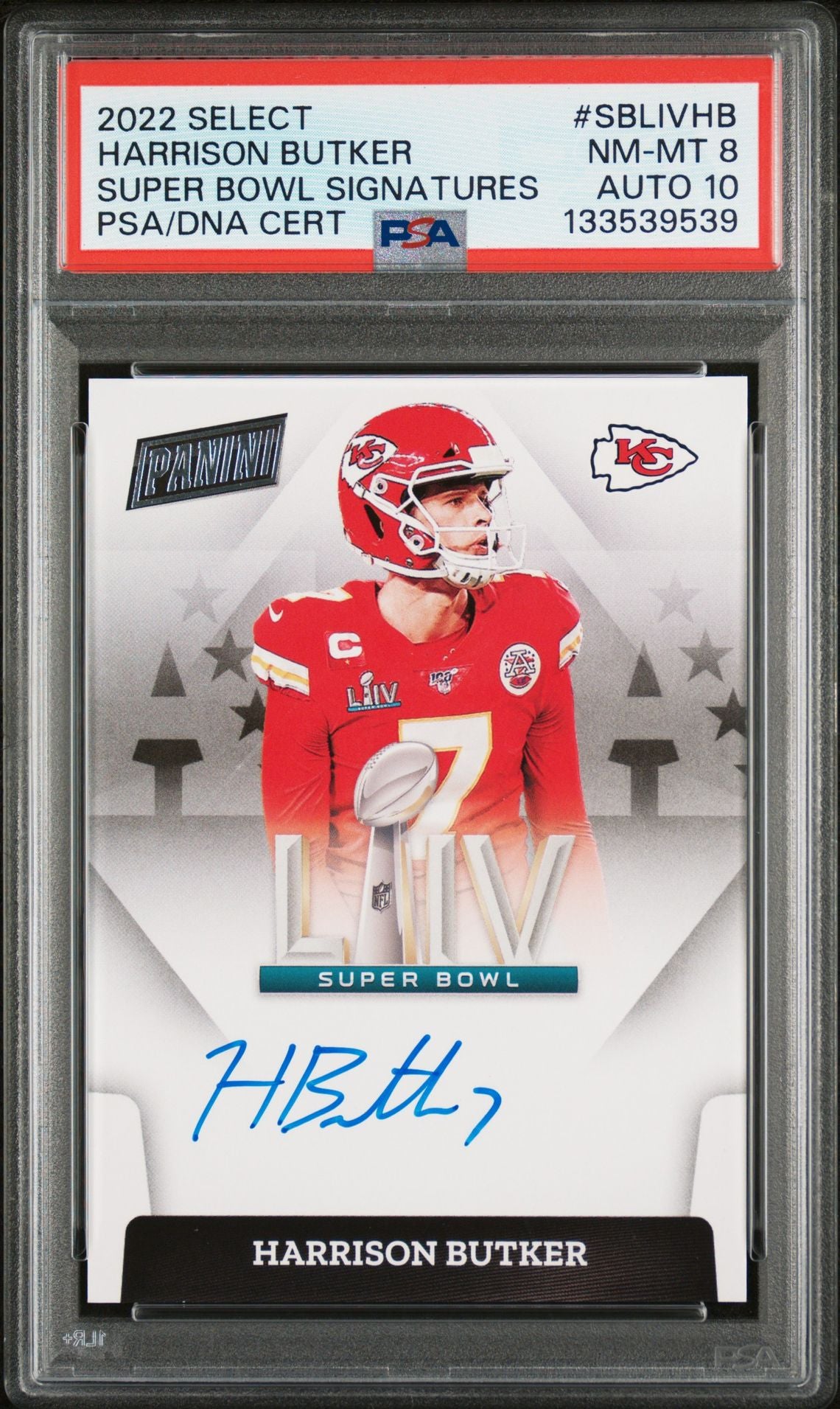 Harrison Butker 2022 Panini Select Super Bowl Signatures Signed Football Card #SBLIVHB Graded PSA 8 Auto 10 Cert #133539539-Powers Sports Memorabilia
