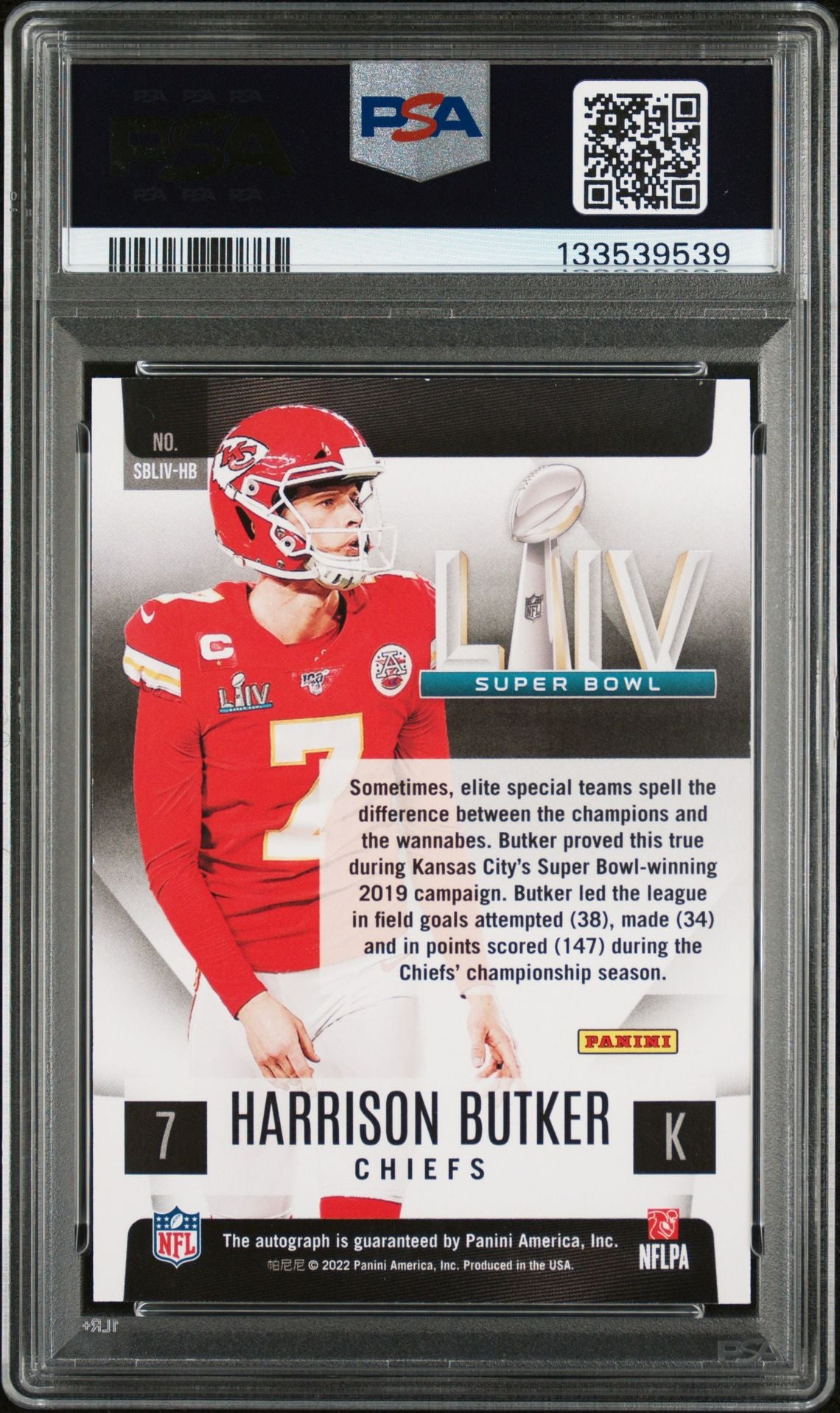 Harrison Butker 2022 Panini Select Super Bowl Signatures Signed Football Card #SBLIVHB Graded PSA 8 Auto 10 Cert #133539539-Powers Sports Memorabilia