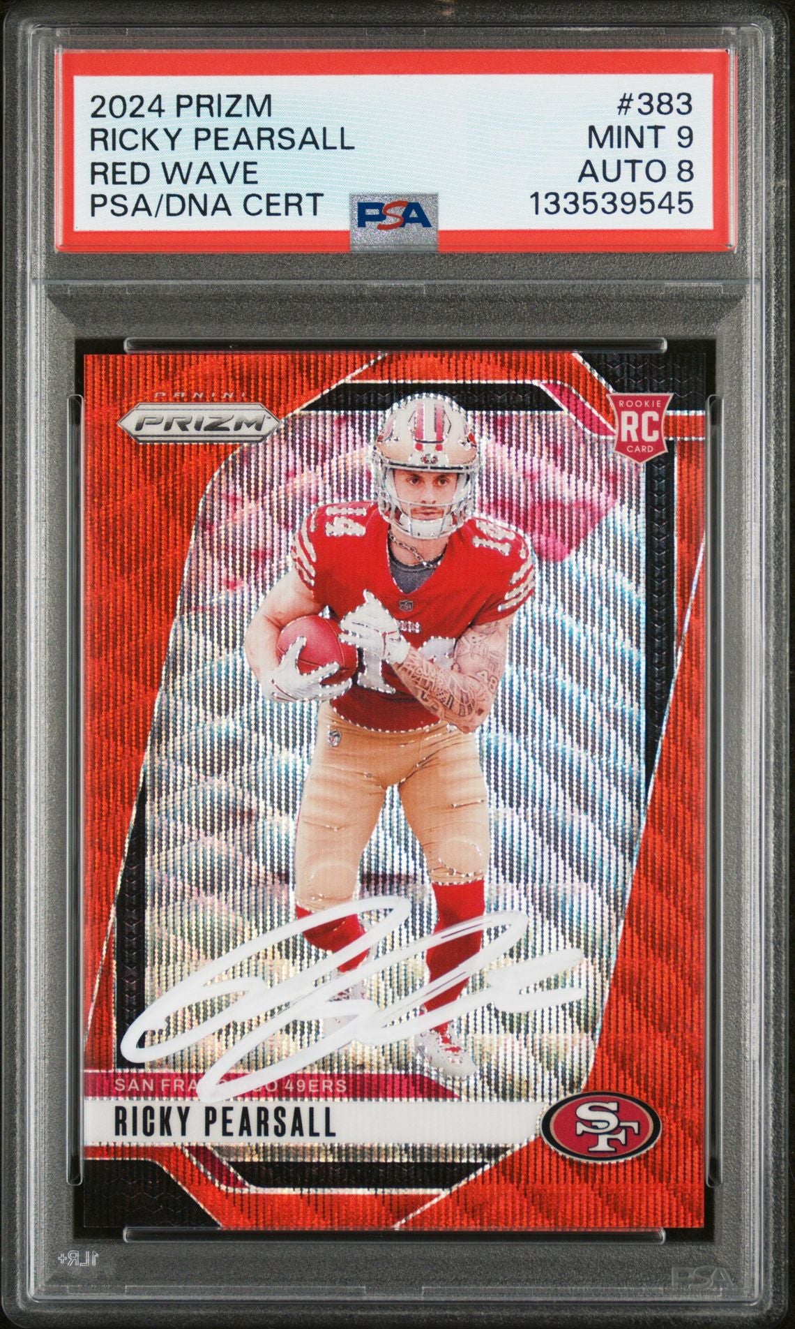 Ricky Pearsall 2024 Panini Prizm Red Wave Signed Football Rookie Card #383 Graded PSA 9 Auto 8 46/149 Cert #133539545-Powers Sports Memorabilia
