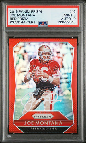 Joe Montana 2015 Panini Prizm Red Prizm Signed Football Card #16 Graded PSA 9 Auto 10 Cert #133539546-Powers Sports Memorabilia