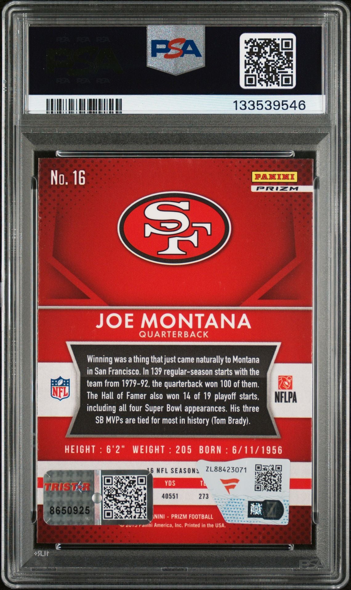 Joe Montana 2015 Panini Prizm Red Prizm Signed Football Card #16 Graded PSA 9 Auto 10 Cert #133539546-Powers Sports Memorabilia
